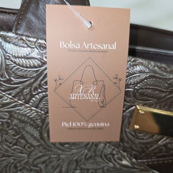 Silver Floral Embossed with Brown Calfskin Leather Tote bag Made in Mexico - Picture 7 of 7